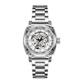 Men's mechanical leather strap watch with luminous hands showing black, red, steel, and white colour options