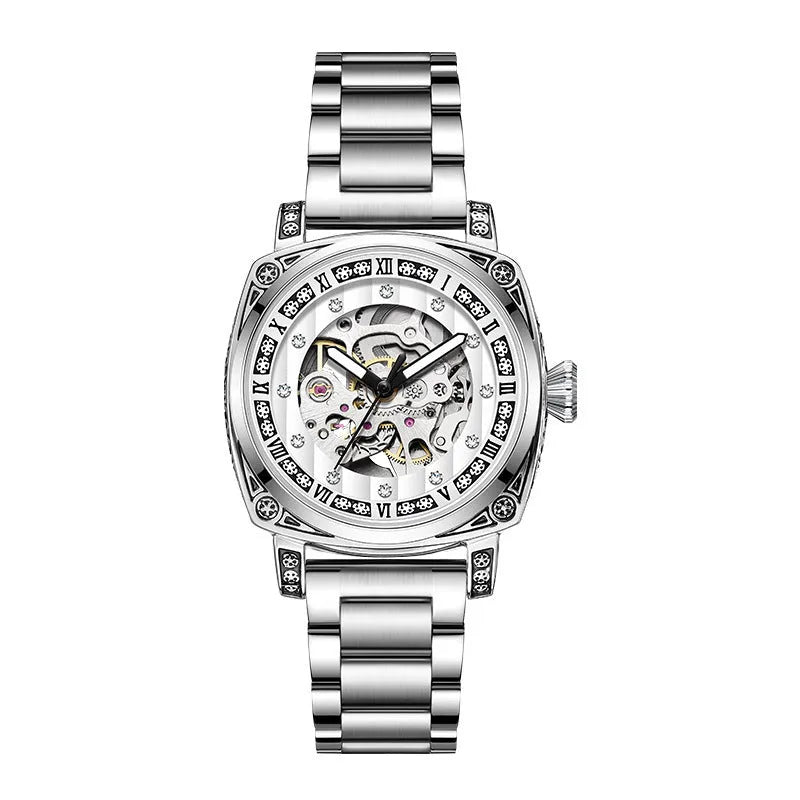 Men's mechanical leather strap watch with luminous hands showing black, red, steel, and white colour options