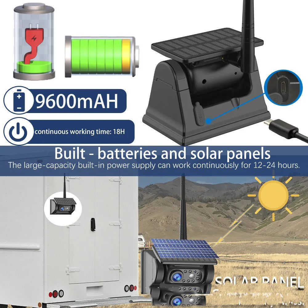 Black solar-powered wireless vehicle camera with aluminium alloy shell and a magnet base for mounting.