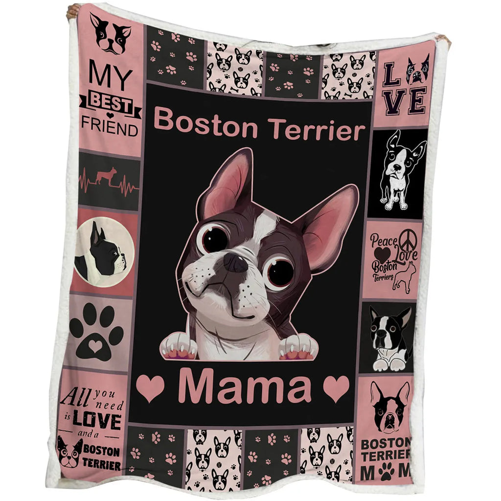 Pink dog themed lamb wool Sherpa fleece blanket on a sofa, soft and warm
