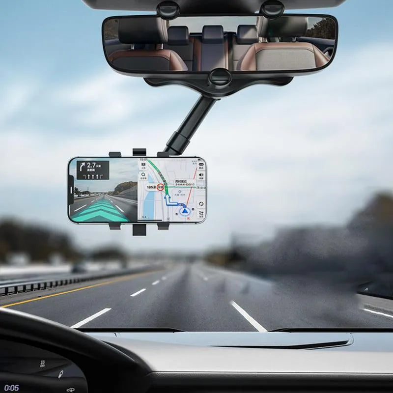 Black rearview mirror car phone holder with 360-degree rotation and telescopic arm extended