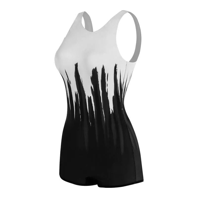 Black polyester conservative sports one-piece swimsuit with printed pattern, available in sizes M to XXL