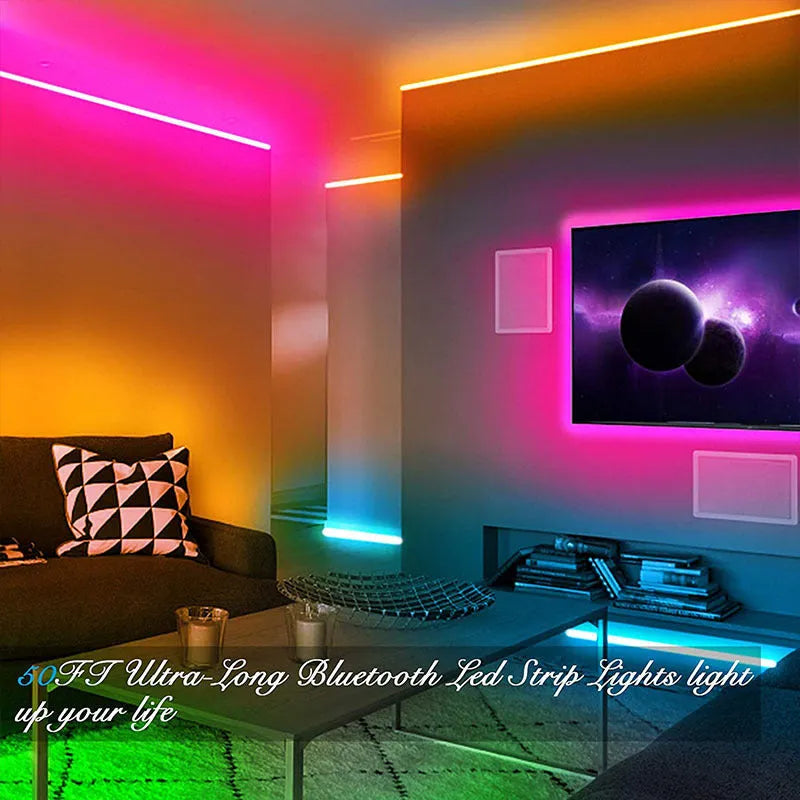 5050 RGB LED strip light set with Bluetooth remote controller and power adapter on white background