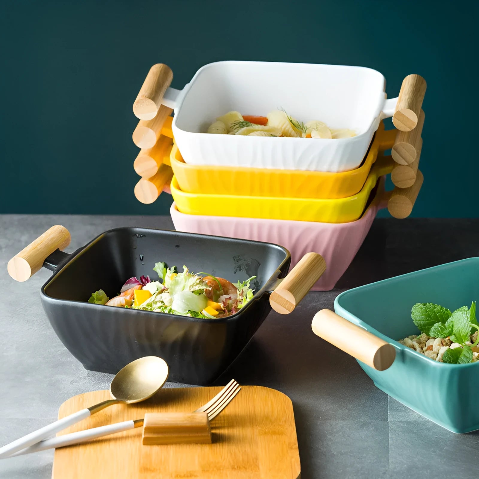 Modern irregular shaped porcelain ceramic bowl with matching lid in choice of four colours