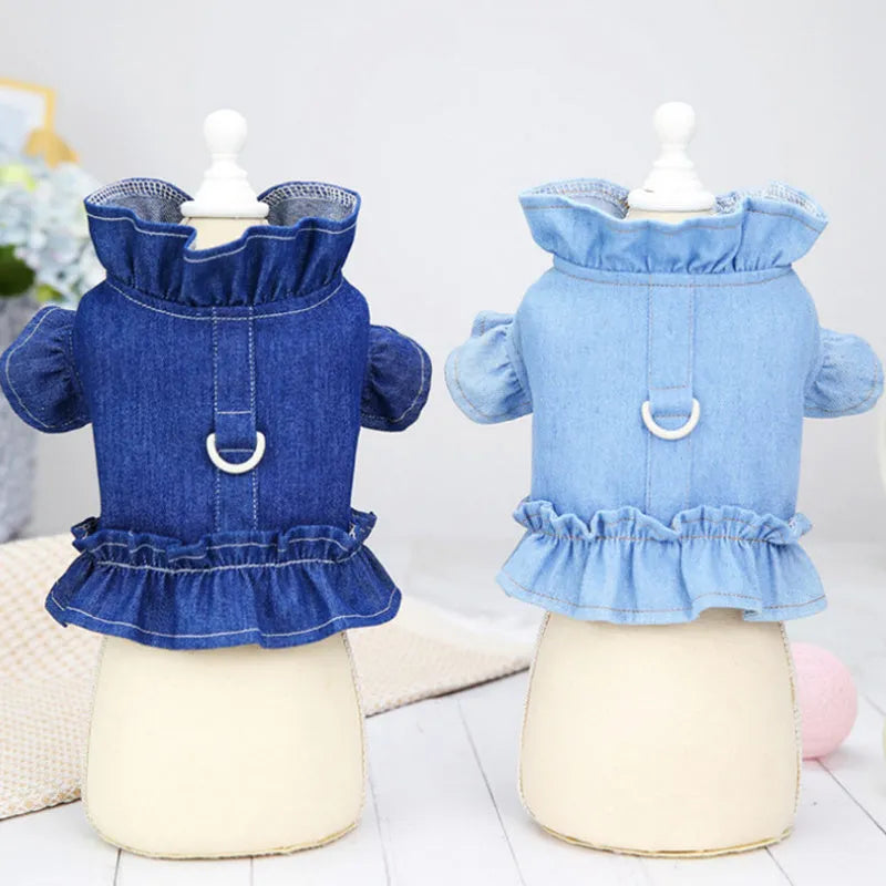 Blue denim dog dress with chest harness and back ruffles in various sizes