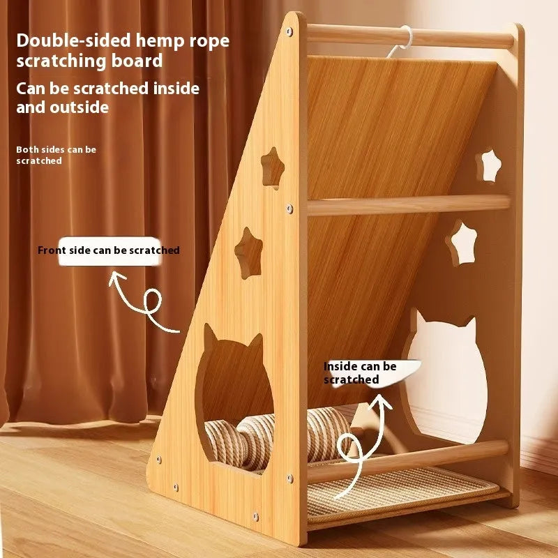 Vertical wall-mounted cat scratch board with hemp rope and teasing ball accessory