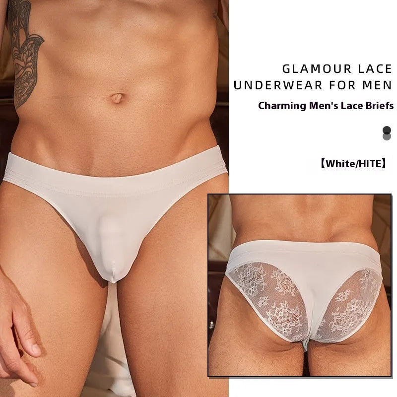 Men's black and white briefs with shark skin lace fabric detailing