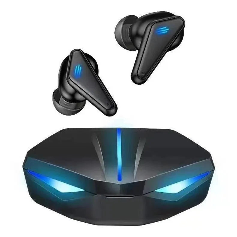 X15 wireless in-ear gaming Bluetooth headset in black with charging case and cable
