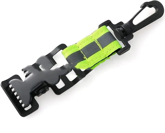 Fluorescent green reflective safety clip with a metal buckle for holding work gloves.