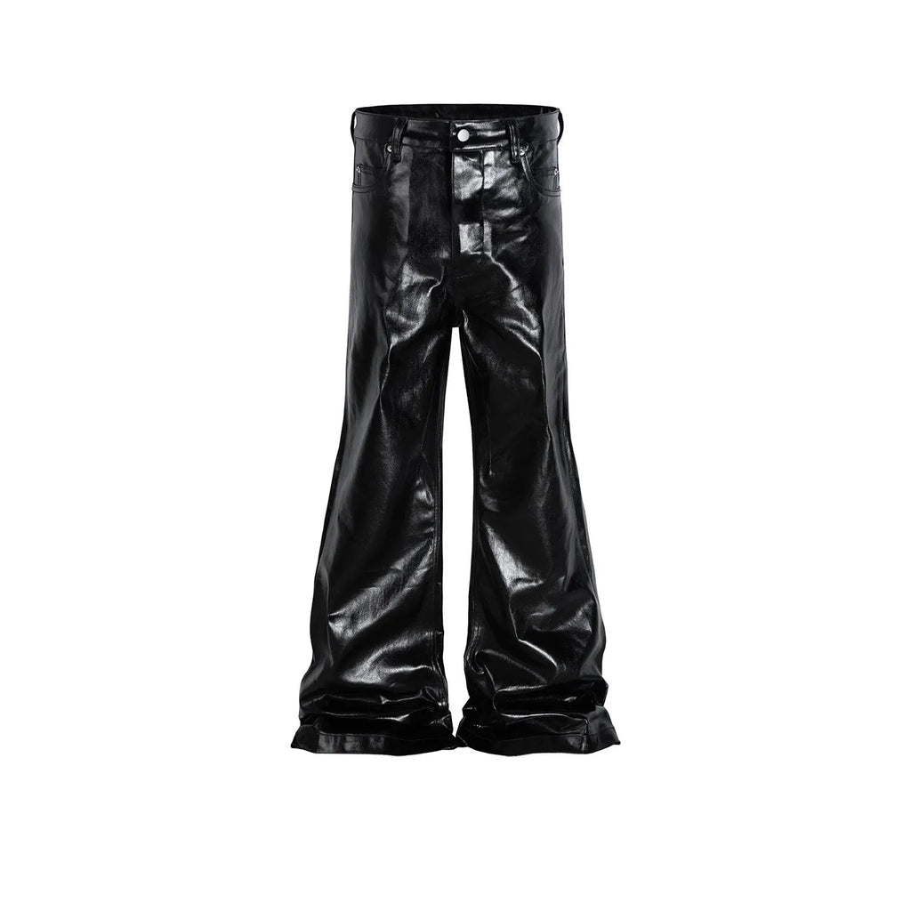 Black coated shiny patent leather skinny jeans with straight-leg mid-waist design