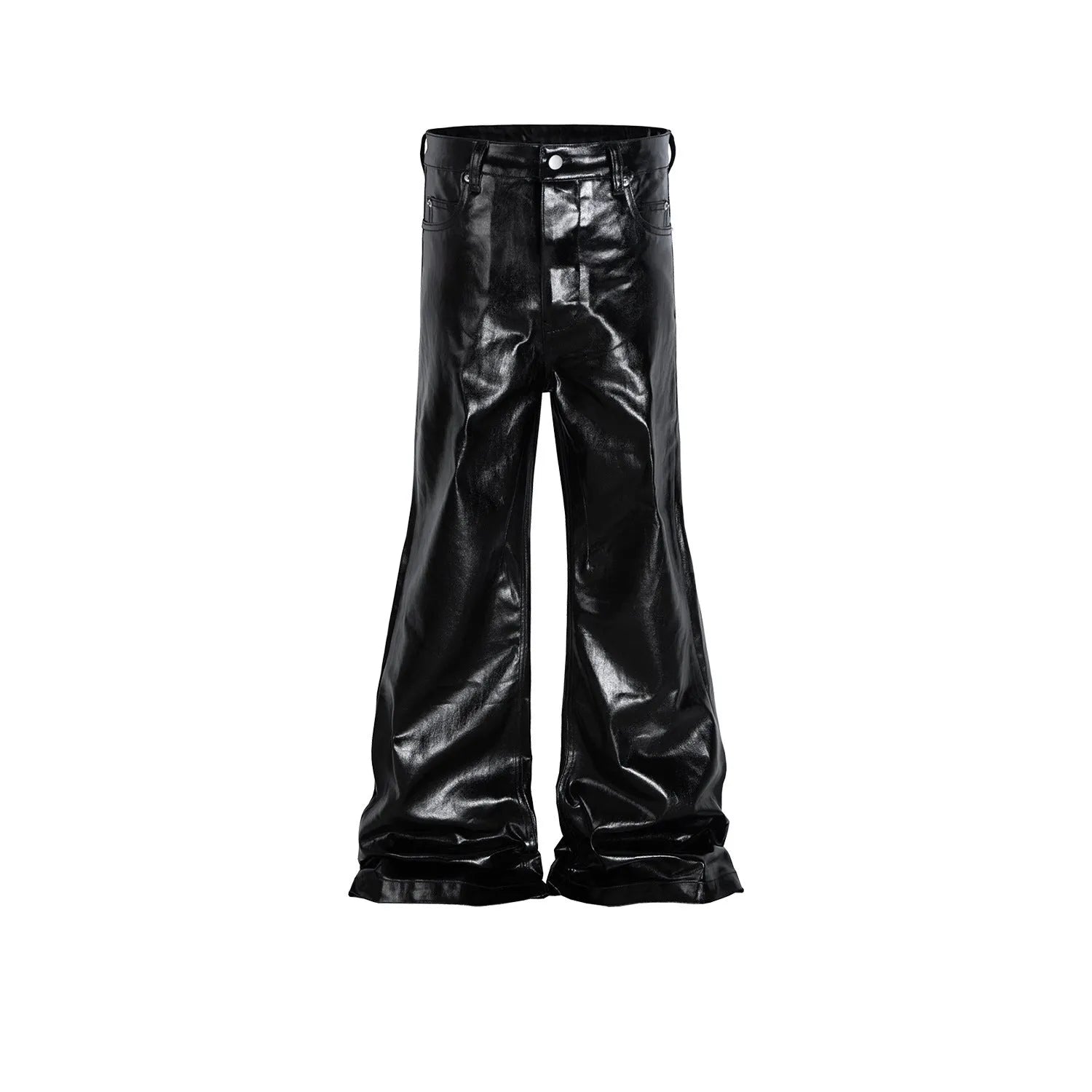 Black coated shiny patent leather skinny jeans with straight-leg mid-waist design