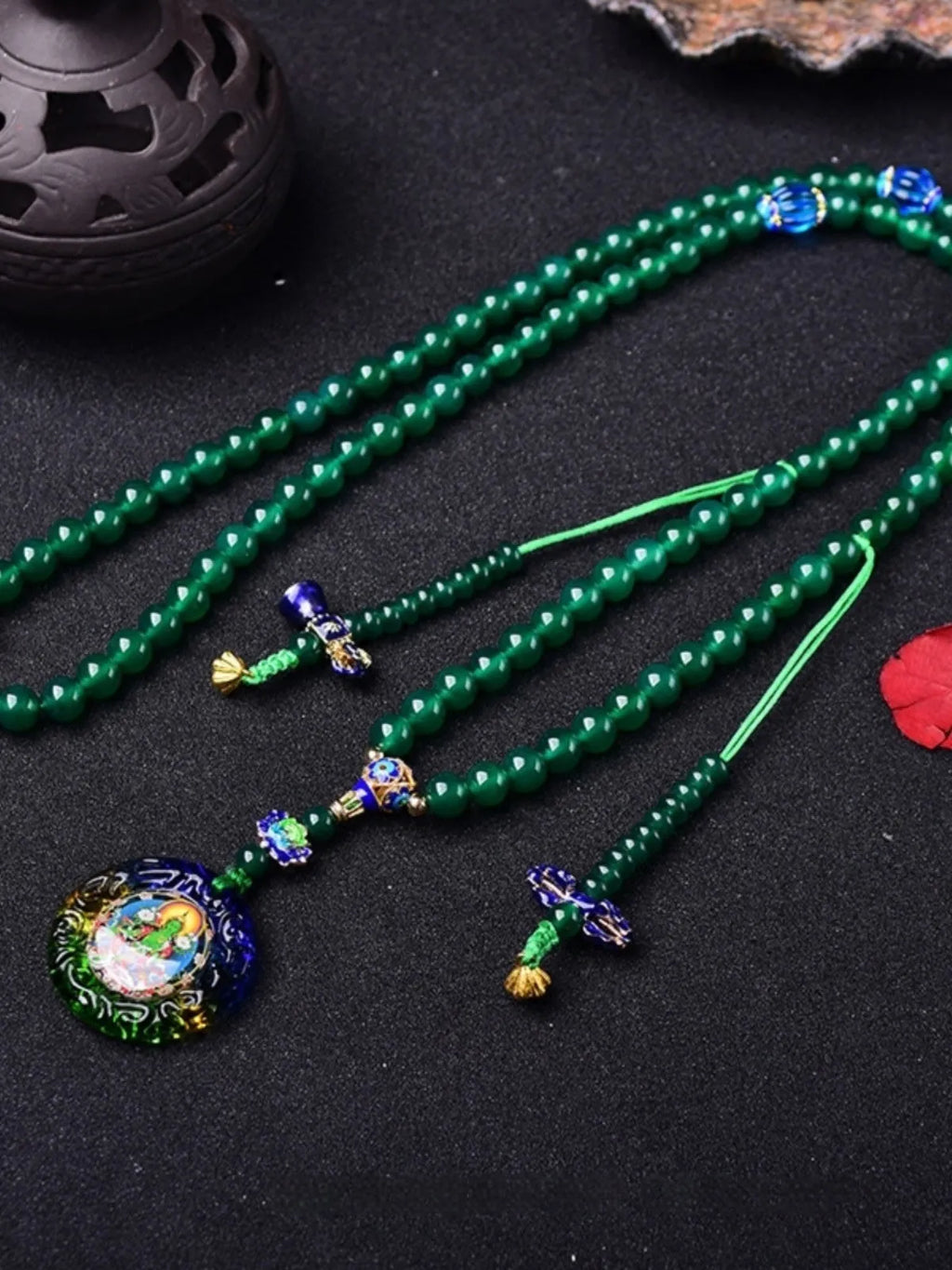 Natural green agate 108 thangka pendant multi-circle bracelet handmade unisex