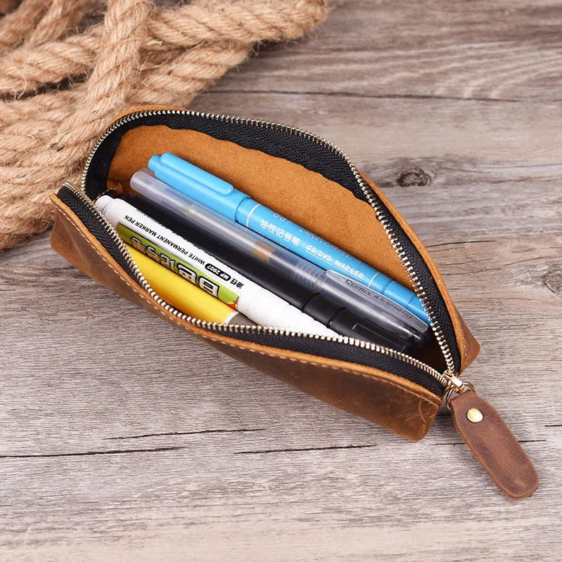 Genuine cowhide leather pencil case in square design with zipper closure measuring 18cm