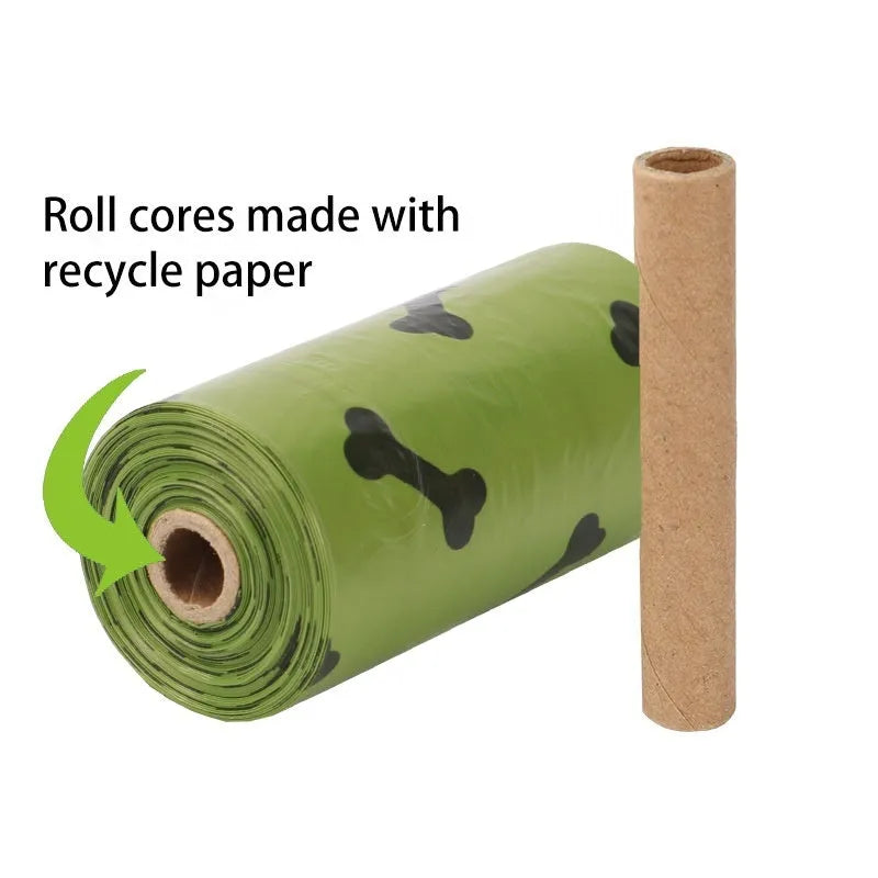 Degradable dog waste bags in army green with black bone printing, showing roll and individual bag