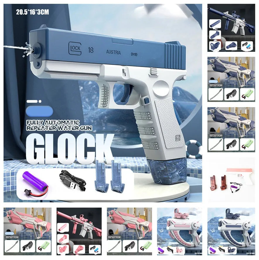 Blue electric water gun with automatic straw for outdoor water fights showing 55cm size
