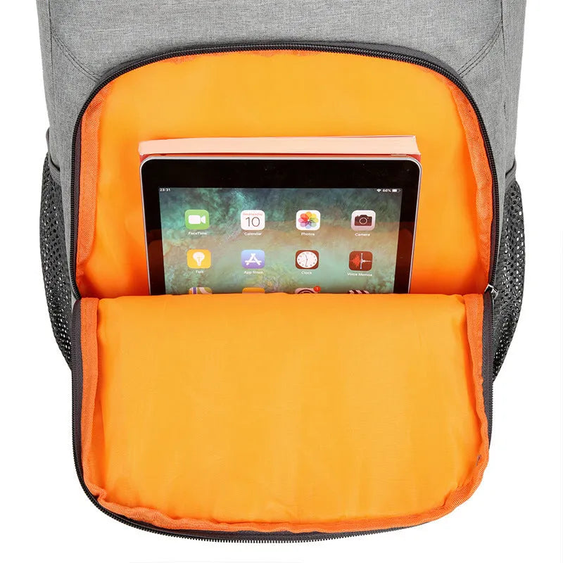 Large capacity Oxford cloth thermal picnic backpack for camping storage, available in black, black red, gray, gray orange
