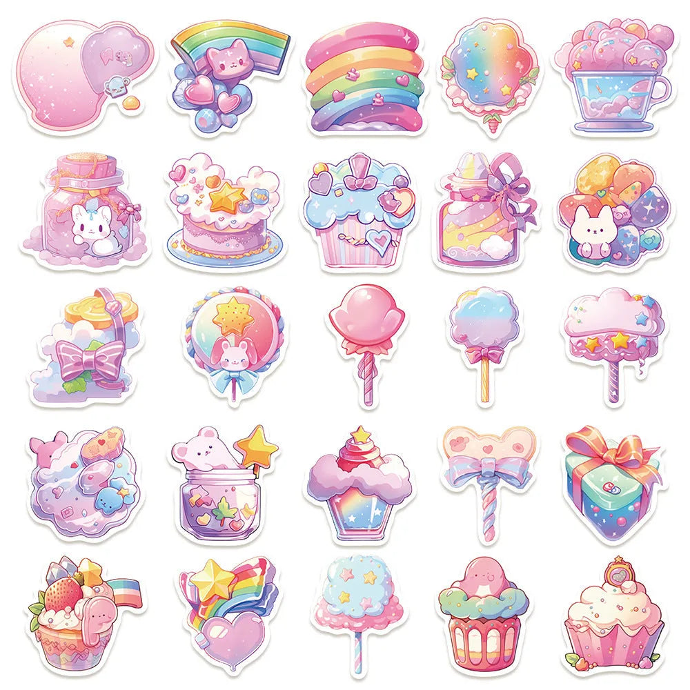 Pack of 50 sheets of cute candy small items themed waterproof decorative stickers.