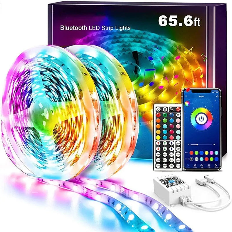 5050 RGB LED strip light set with Bluetooth remote controller and power adapter on white background