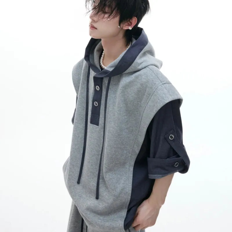 Men's black hooded short sleeve sports jacket and trousers set with three-dimensional stitching details