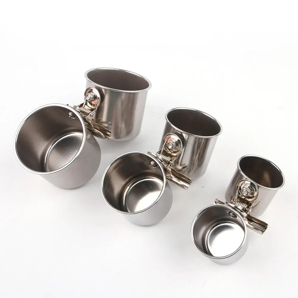 Stainless steel birdcage feeder in natural colour for outdoor aviaries.