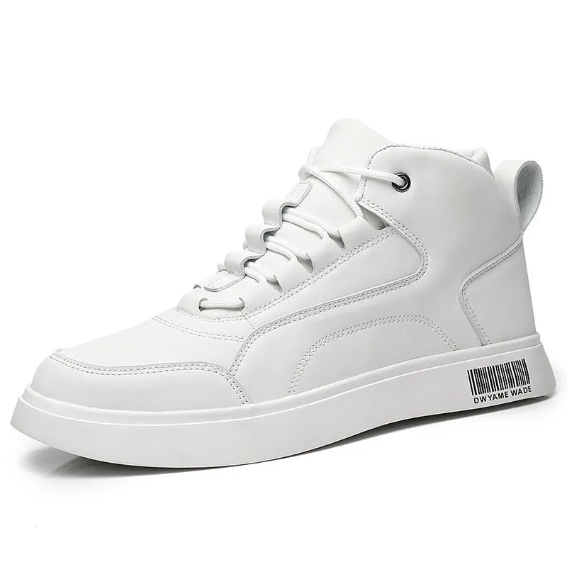 Men's white mid-top casual sports shoes with lace-up front and flat rubber sole.