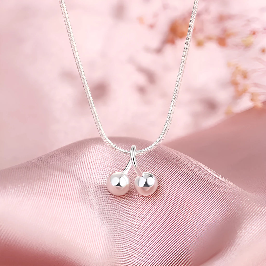 Silver cherry necklace with S925 pendant on adjustable snake bone chain for women