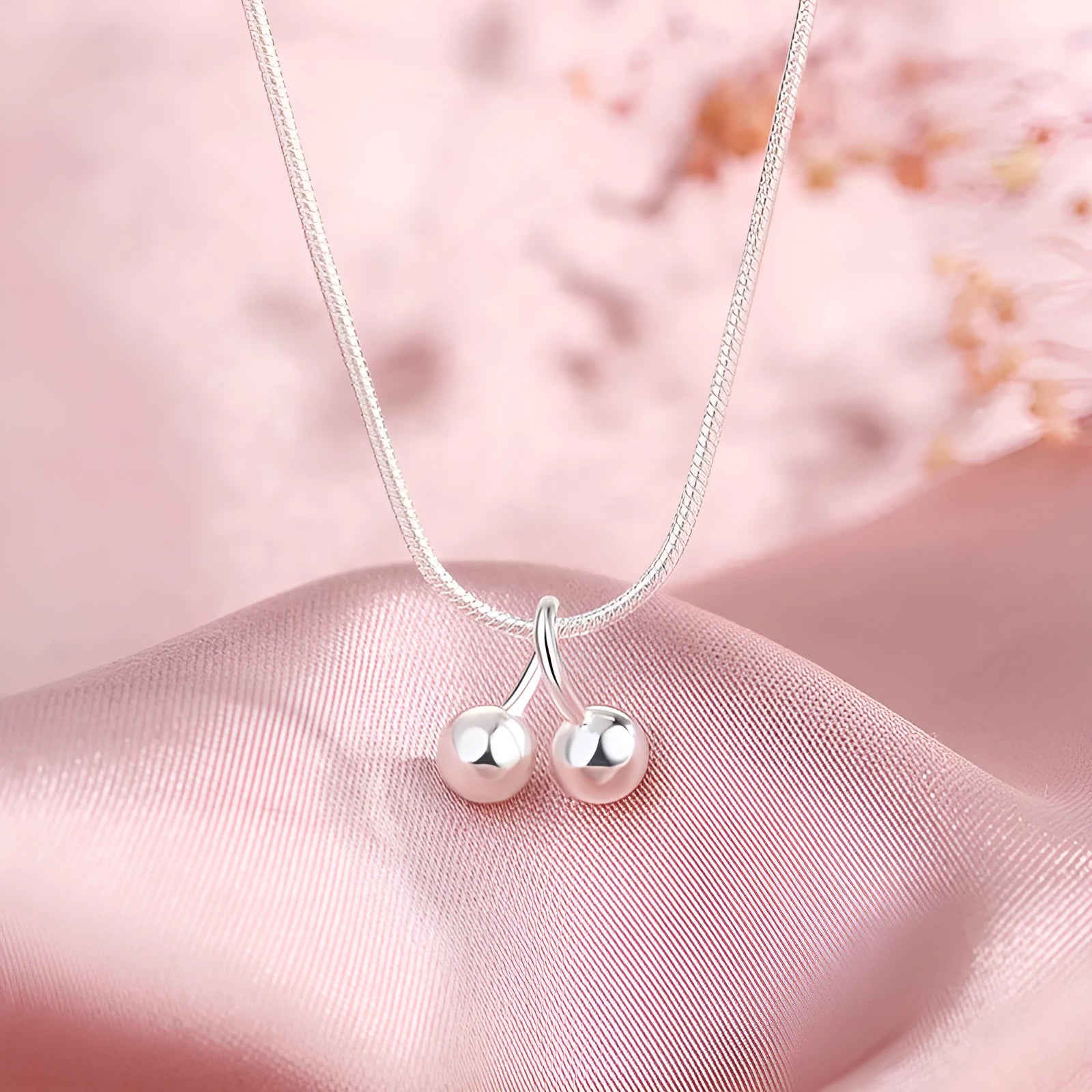 Silver cherry necklace with S925 pendant on adjustable snake bone chain for women