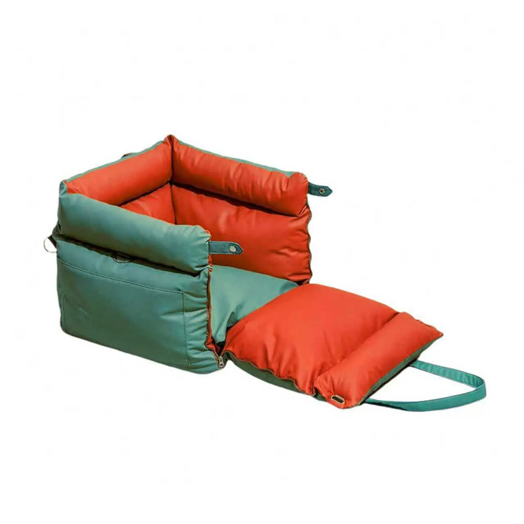 Green waterproof PU leather dog car nest bed with removable cover, oval shape.