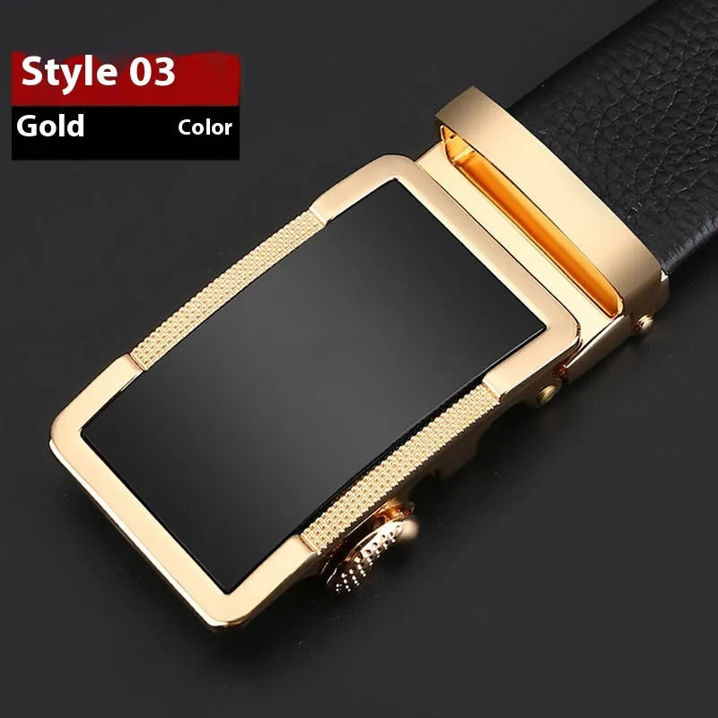 Men's leather automatic buckle belt in gun black, silver, and gold colour options showing the comfort click mechanism.