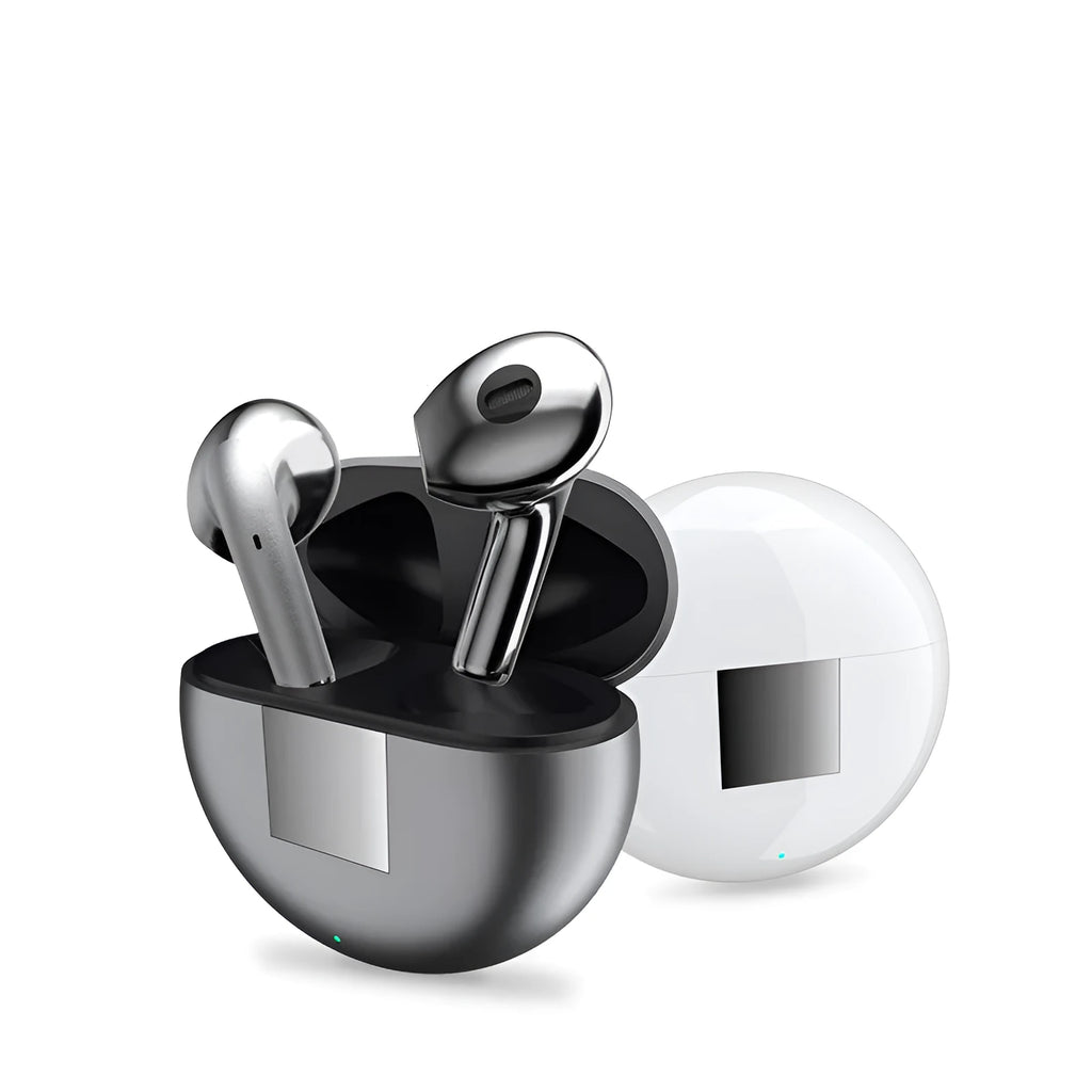 White Budz5 semi-in-ear wireless Bluetooth headphones with charging case on a white background