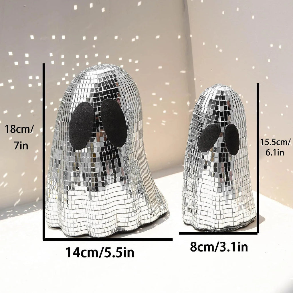 Silver Halloween ghost decoration with mosaic mirror patches on embroidered glass