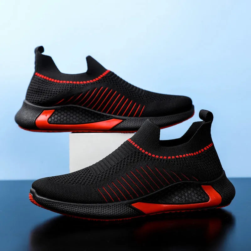 Men's striped mesh slip-on sneakers with lace-up front in black, white, and black/white colour options