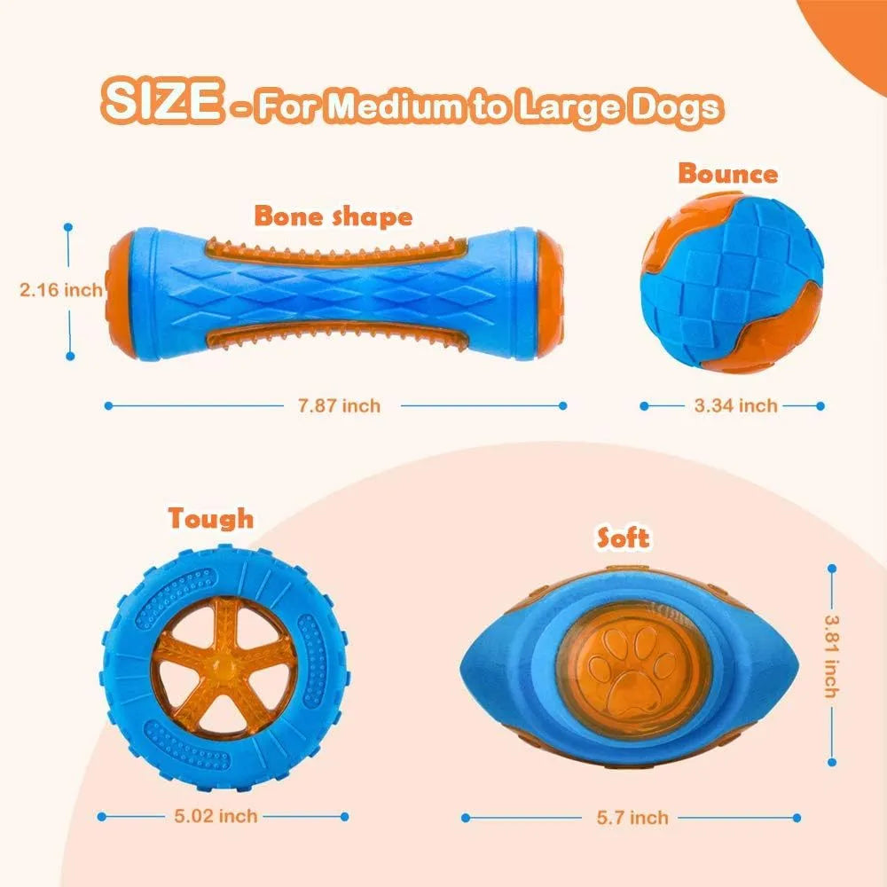TPR floating squeaky dog toy with bump and spike textures in ball, barbell, or tyres shapes