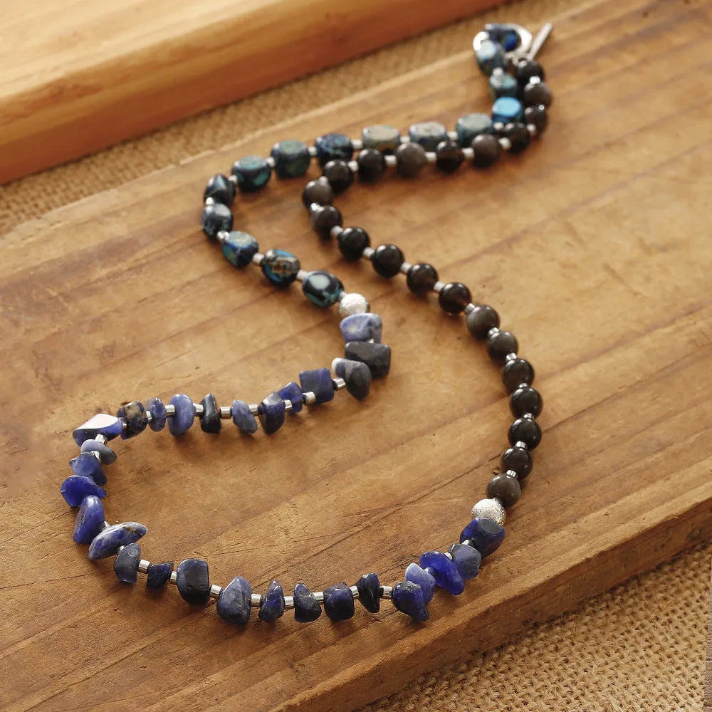 Female retro multi-layer hand woven crushed stone bracelet in blue with Fang Hui stone and gold Obsidian beads