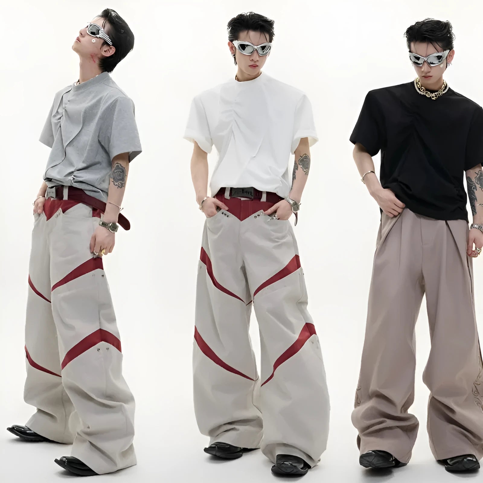 Men's loose fit cotton T-shirt with three-dimensional pleating in round neck style