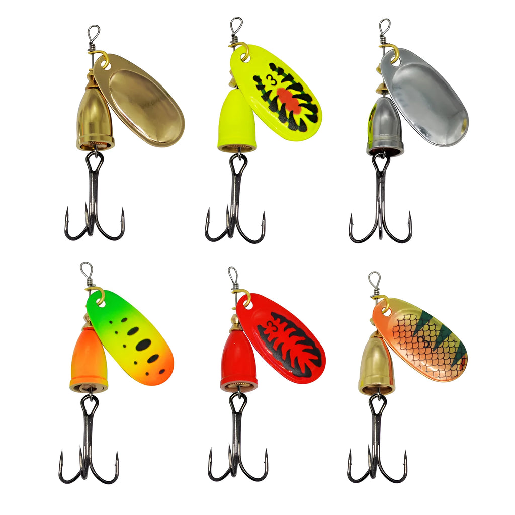 R-shaped metal fishing lure with rotating sequins and a central copper bell in multiple colour options.
