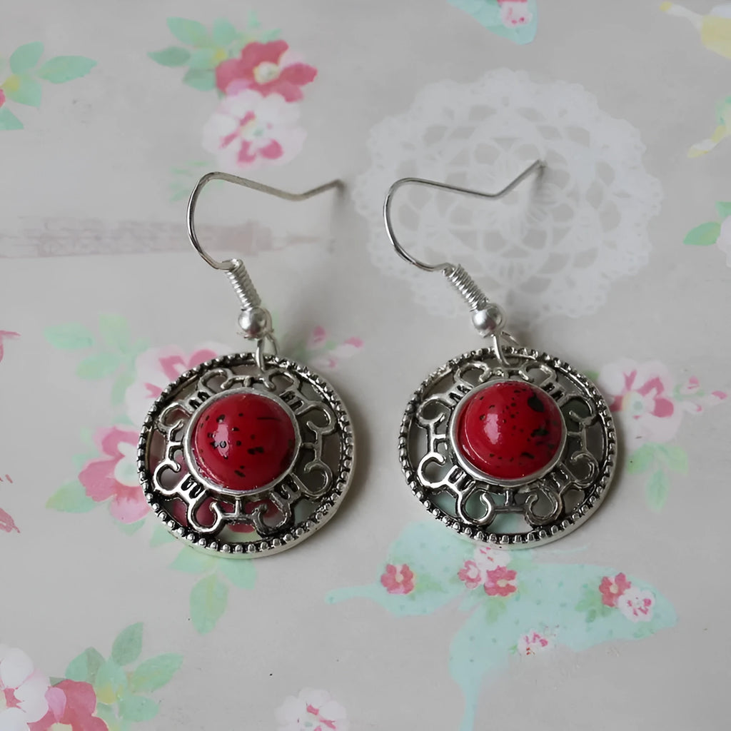 Miao silver geometric flower disk earrings with turquoise and auspicious cloud patterns