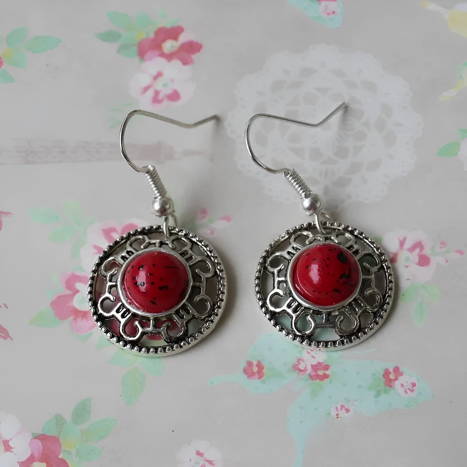 Miao silver geometric flower disk earrings with turquoise and auspicious cloud patterns