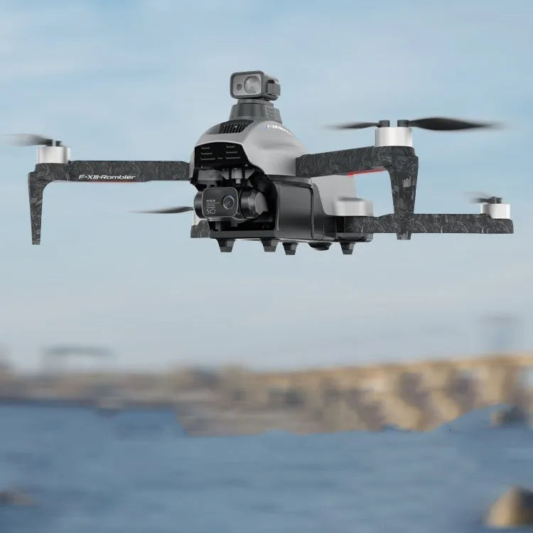 White folding quadcopter drone with camera showing obstacle avoidance sensors and brushless motors