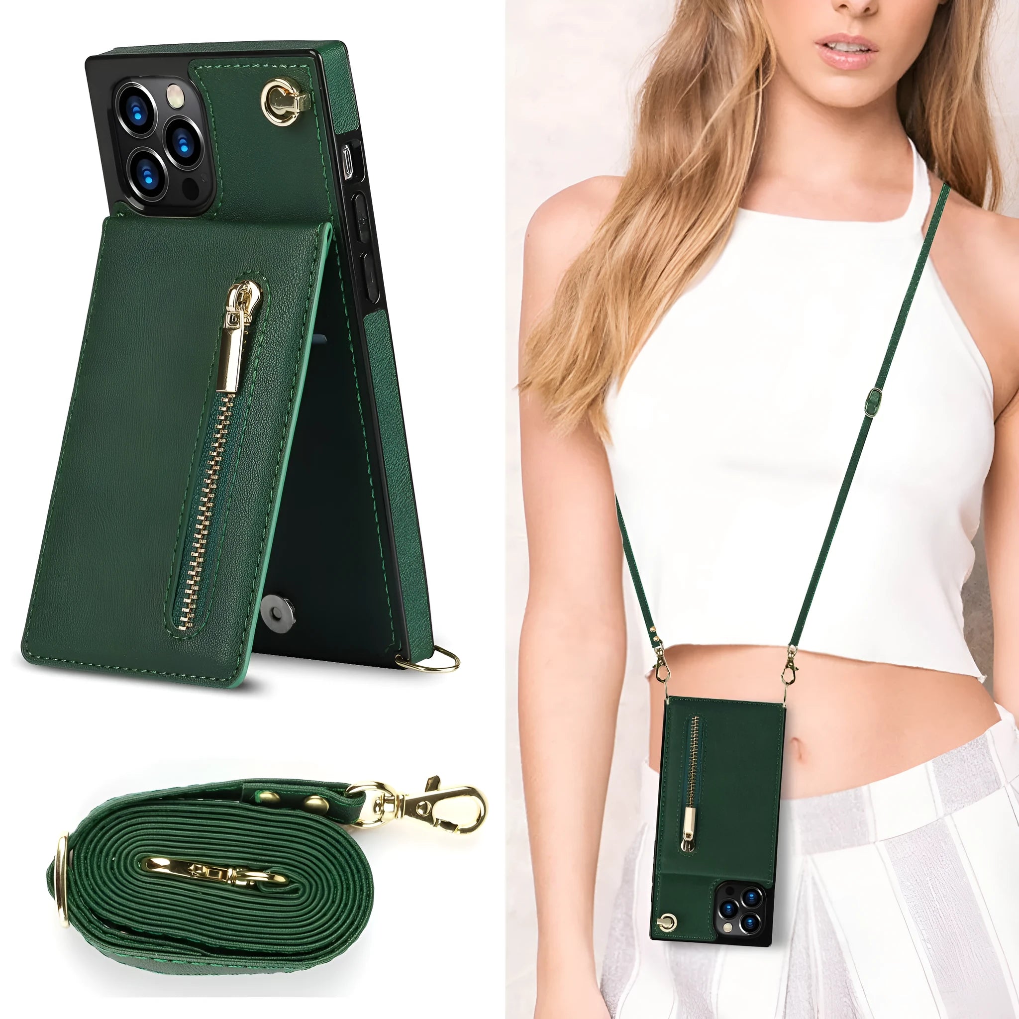 Black leather and TPU mobile phone case shown fitted on a smartphone.