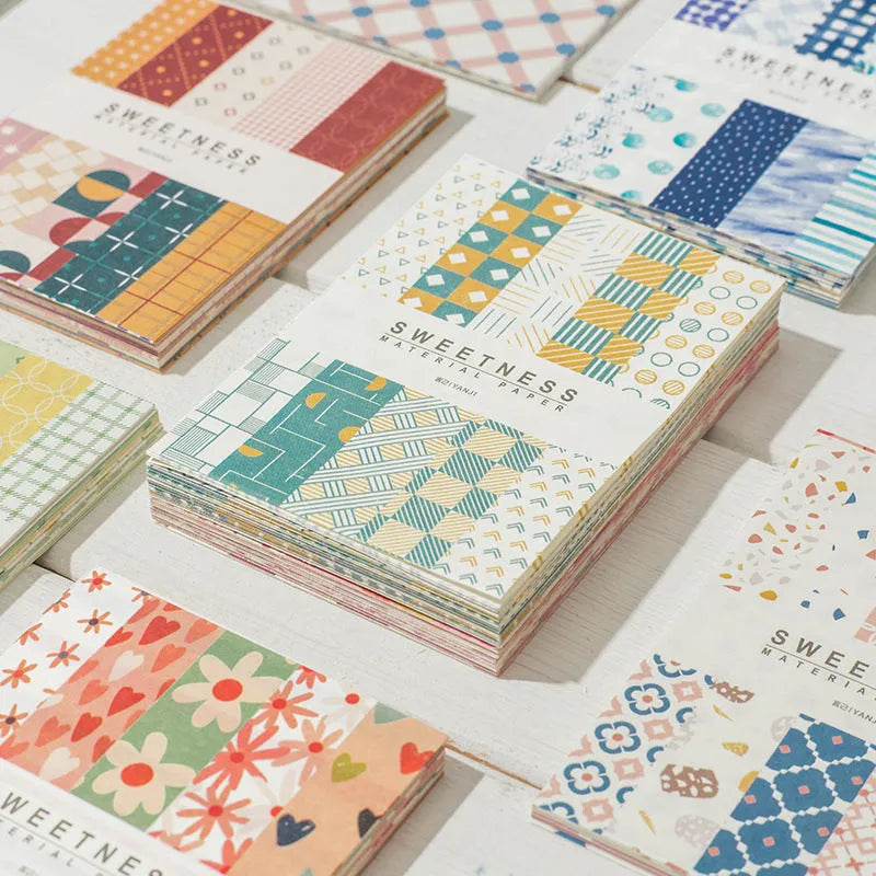 Retro collage dessert-themed note papers in ten colours showing 56x83mm size