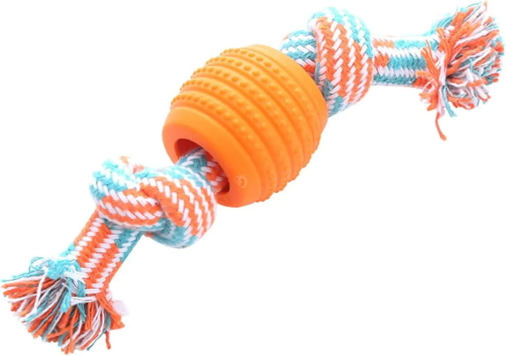 Blue dog chew toy with integrated rope strands for dental cleaning and play