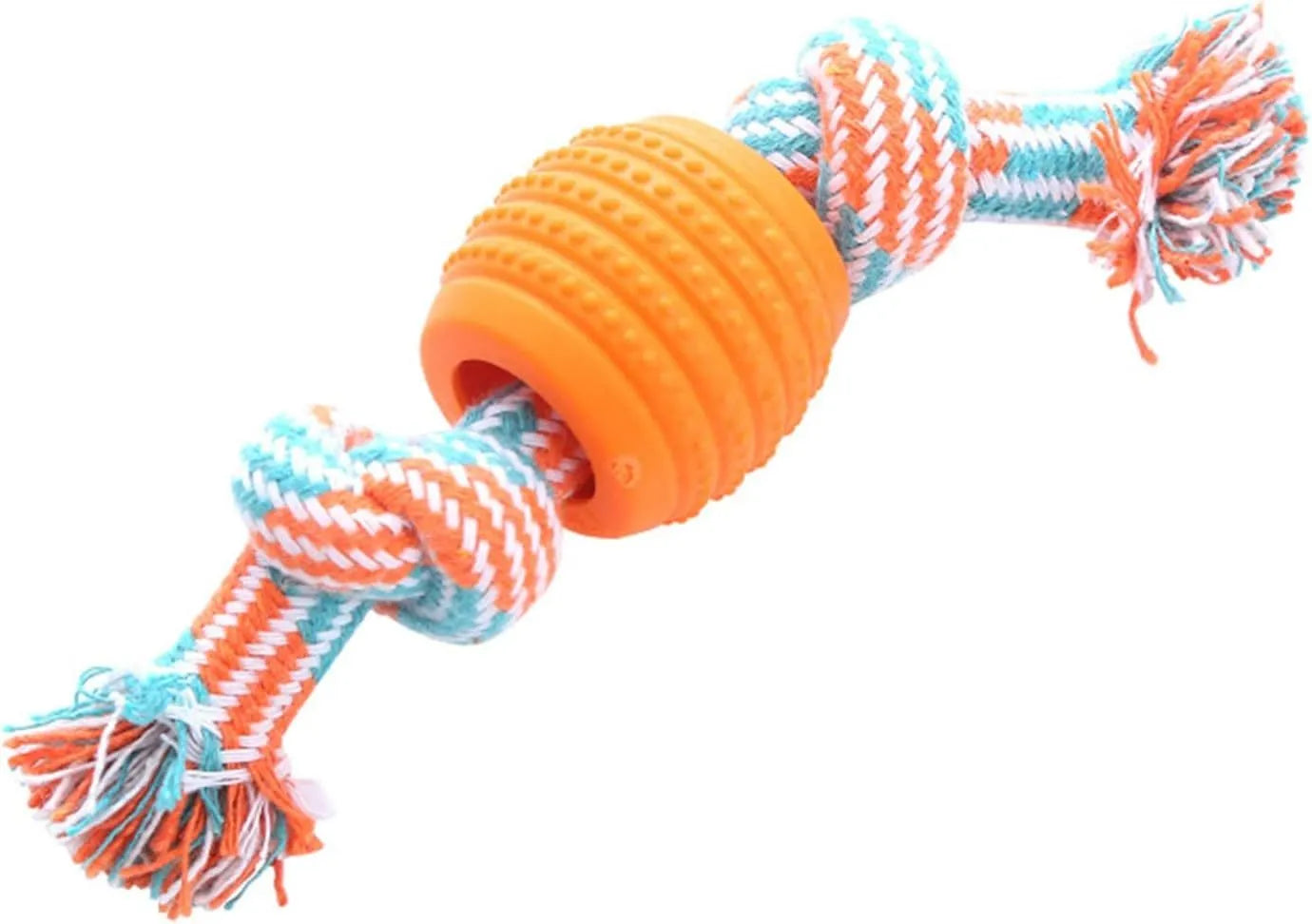 Blue dog chew toy with integrated rope strands for dental cleaning and play