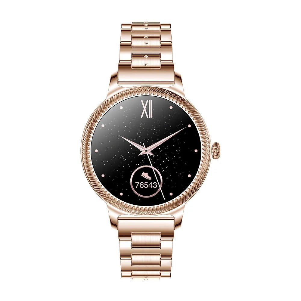AK38 Ladies Smart Watch with stainless steel band and 1.09-inch TFT touchscreen display