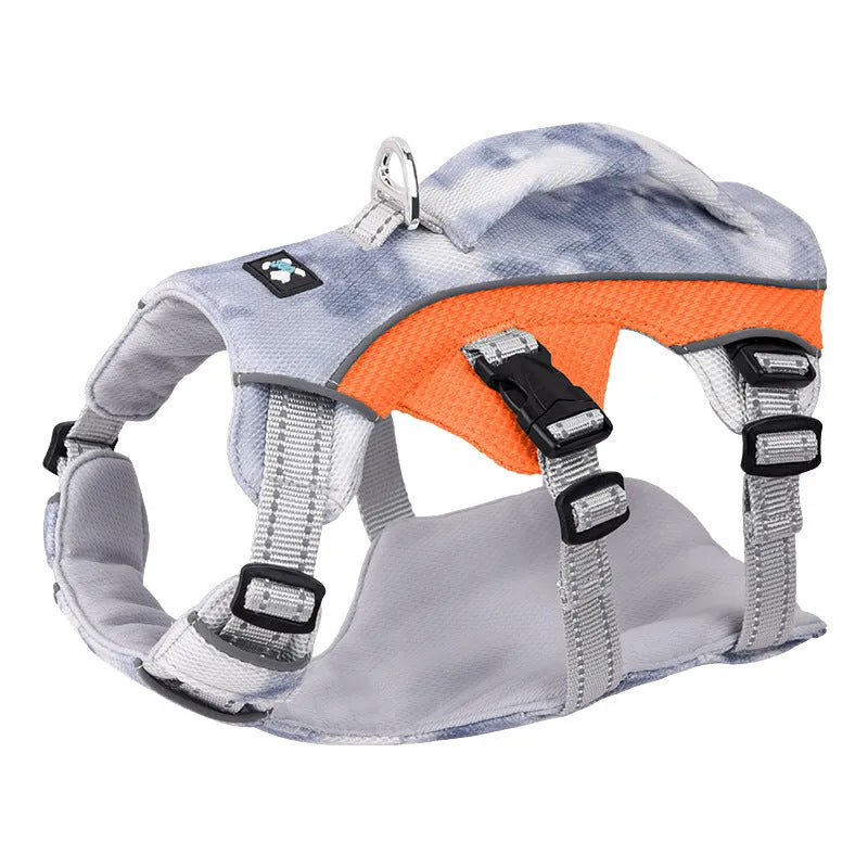 Reflective light blue dog cooling chest strap harness with metal chain ring.