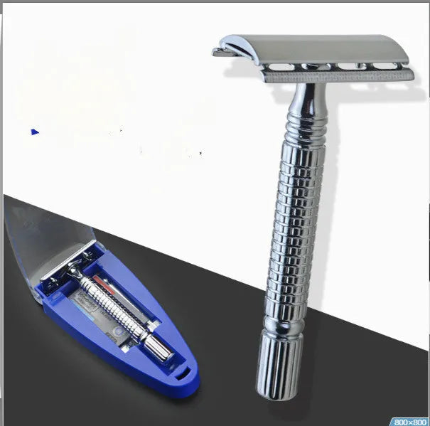 Stainless steel double edged safety razor with ergonomic handle, five blades, and a black travel case.
