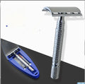 Stainless steel double edged safety razor with ergonomic handle, five blades, and a black travel case.