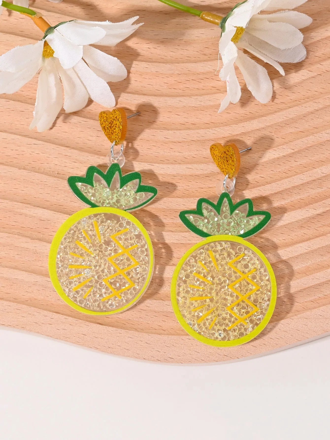 Colourful acrylic fruit earrings for women featuring cherry, strawberry, watermelon, and pineapple shapes, dangle style