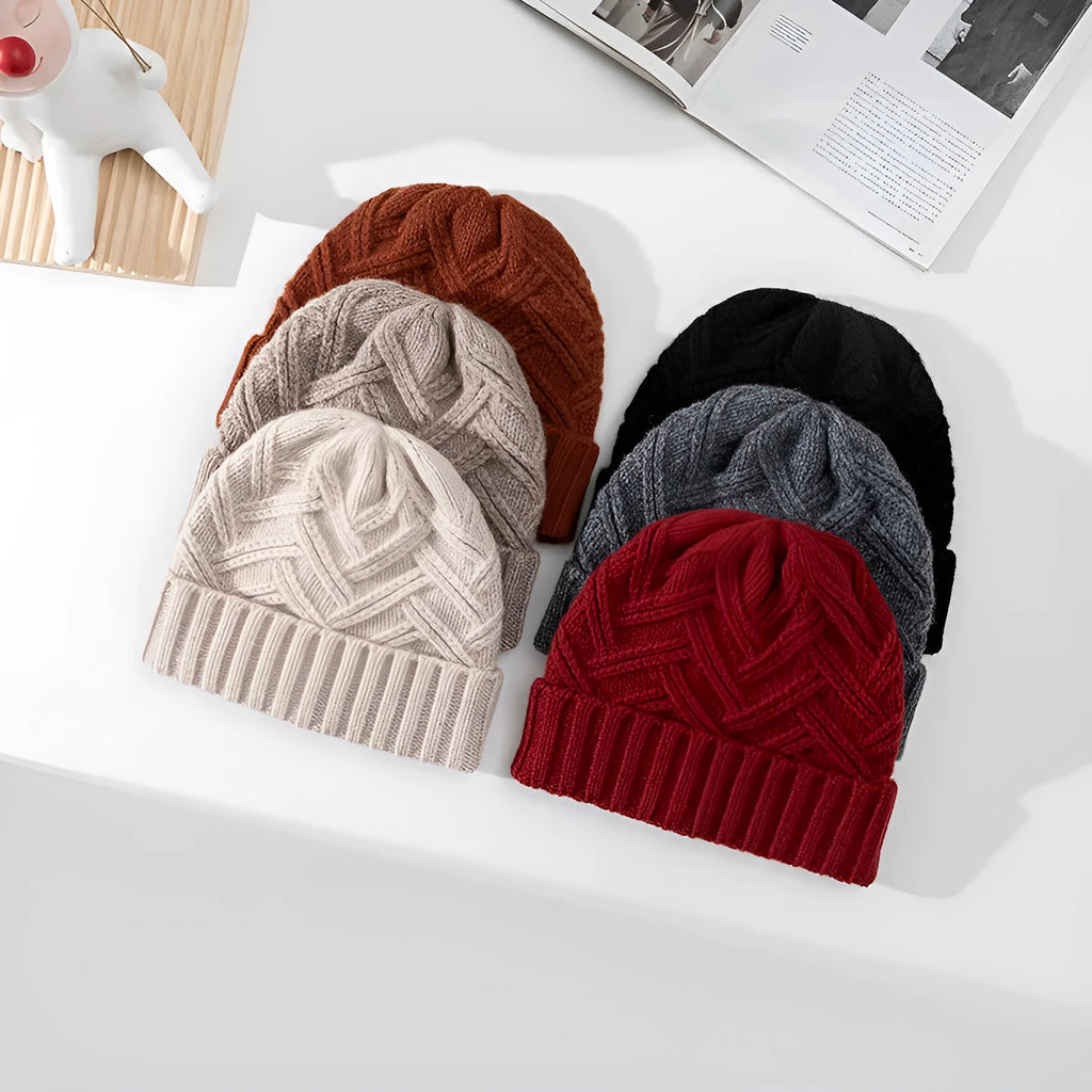 Women's knitted wool dome hat in one of six colours: ivory white, khaki, red, brown, gray, or black.
