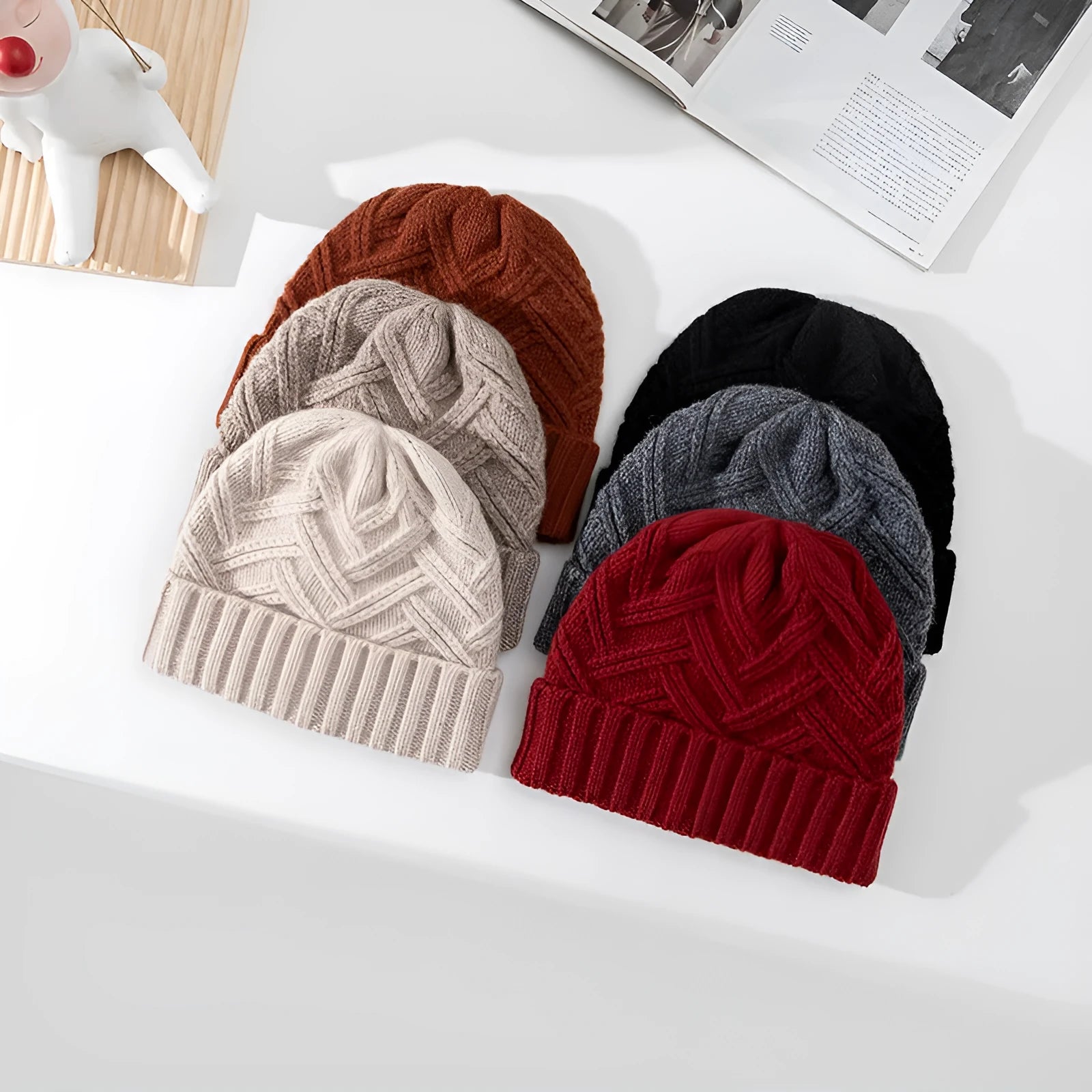Women's knitted wool dome hat in one of six colours: ivory white, khaki, red, brown, gray, or black.